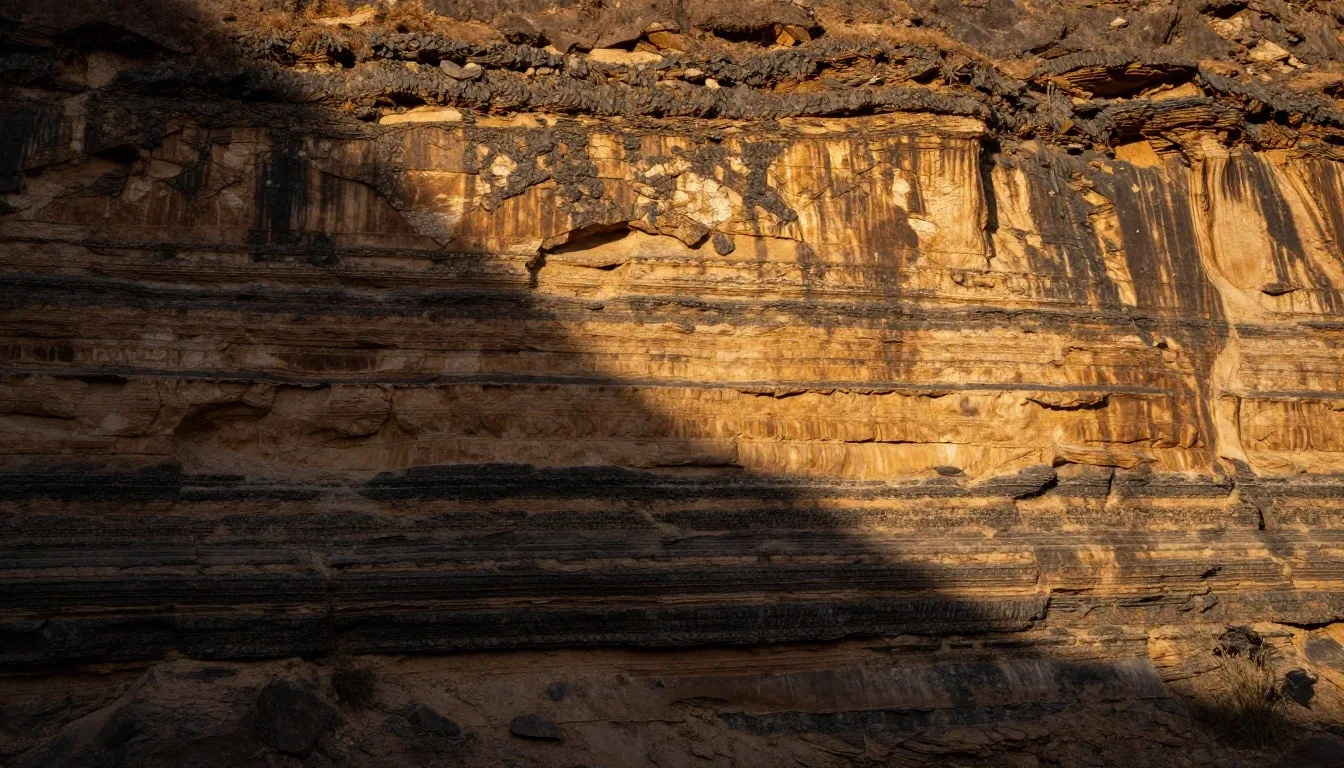 Corte estratigráfico de roca oscura iluminado por luz ámbar lateral