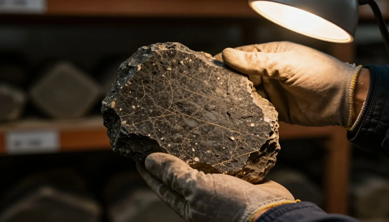 Muestra de roca de la formación Vaca Muerta bajo luz de lámpara